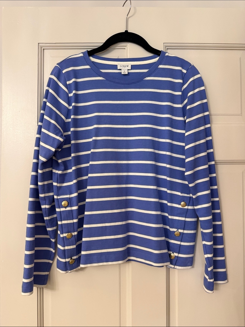 J. Crew  Royal Blue & White Striped Long-Sleeve Tee with Gold Buttons